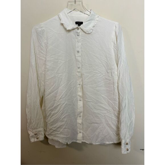 Talbots 100% Rayon Button Up Pearl Buttons Lettuce Collar Blouse Dressy XL Petit - Picture 1 of 4
